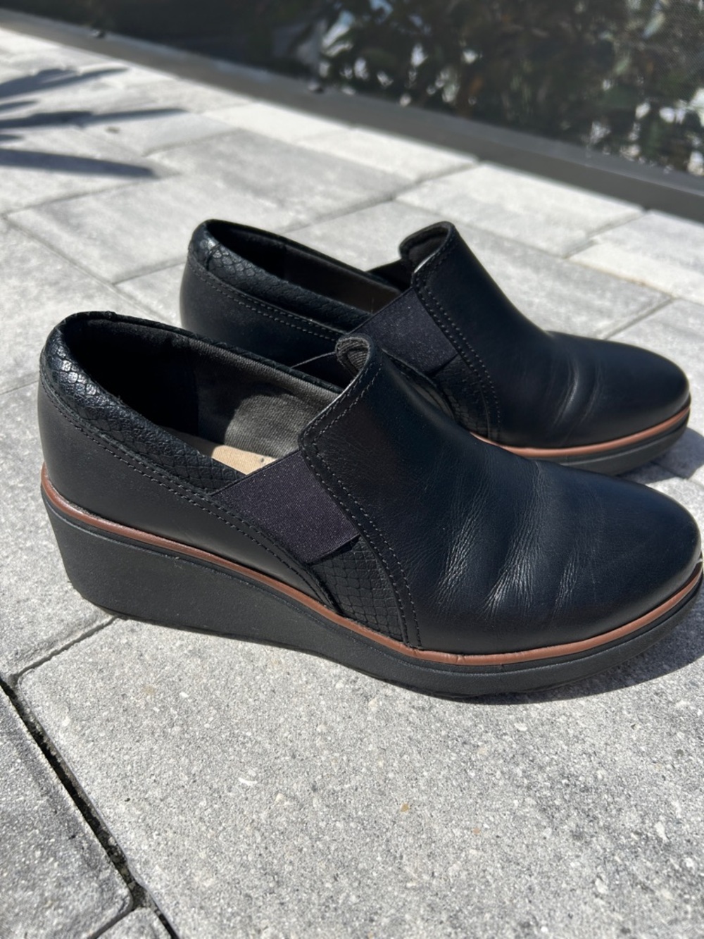 Clarks Black Leather Slip-On Wedge Loafers